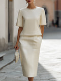 Elegant Pearl-Trimmed Two-Piece Midi Skirt Set