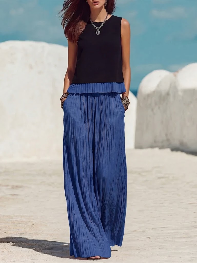 Casual Two-piece Set: Spliced, Pleated Linen & Cotton Top And Pleated Trousers