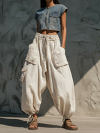 Beige Linen Blend Baggy Cargo Harem Pants