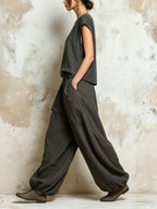 Dark Grey Oversized Linen Blend Harem Pants & Cap Sleeve Top Set