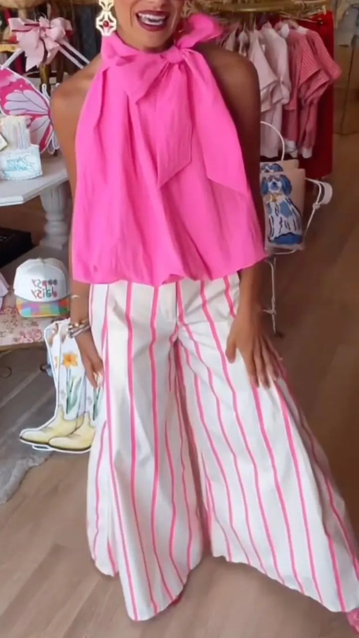 Bow Halter Top & Pink Stripe Wide Leg Pants Set