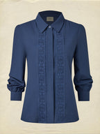 Linen Shirt, Long Sleeves, Shawl Collar, Plain, Lace, Vintage, Blue