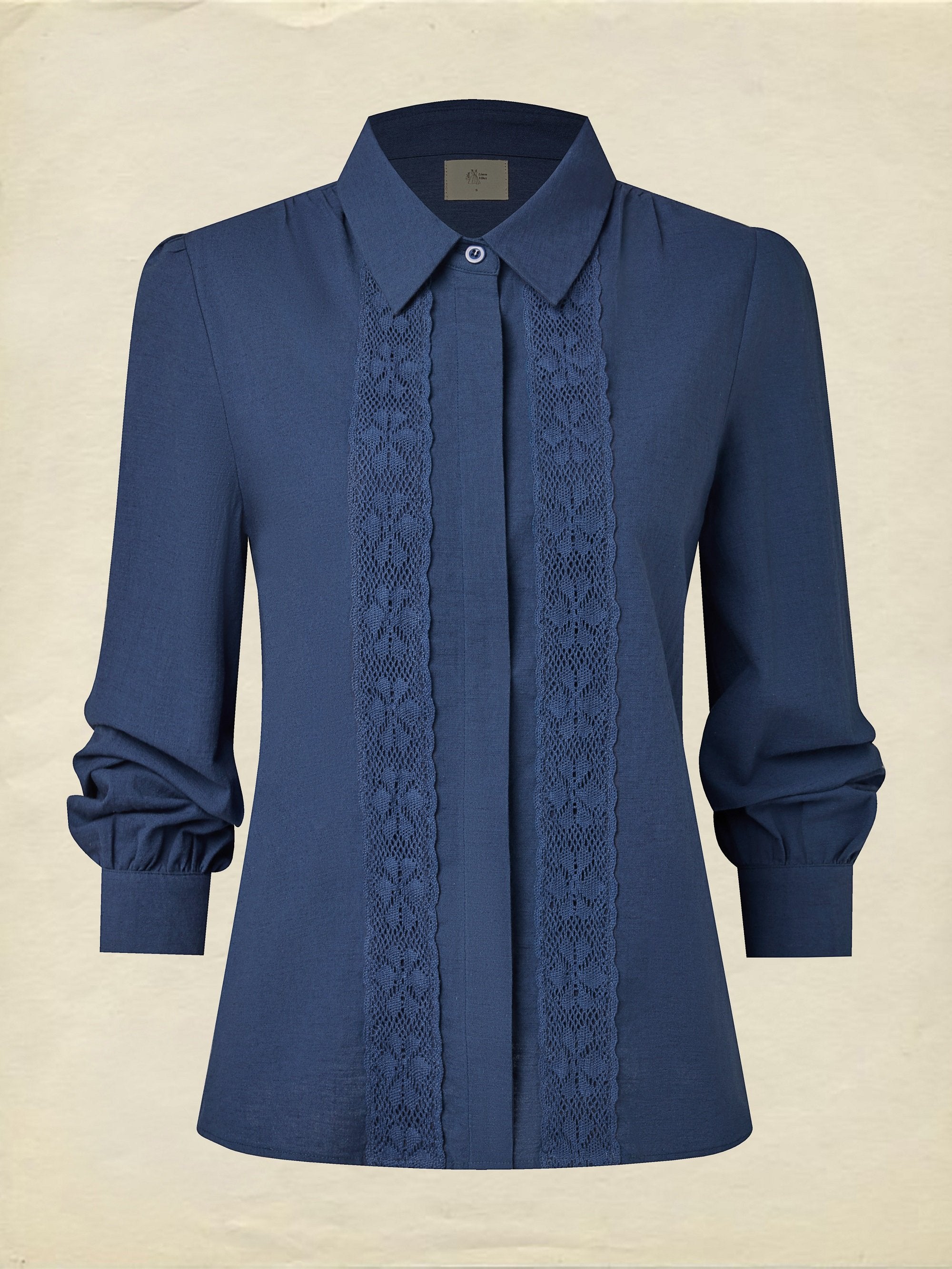 Linen Shirt, Long Sleeves, Shawl Collar, Plain, Lace, Vintage, Blue
