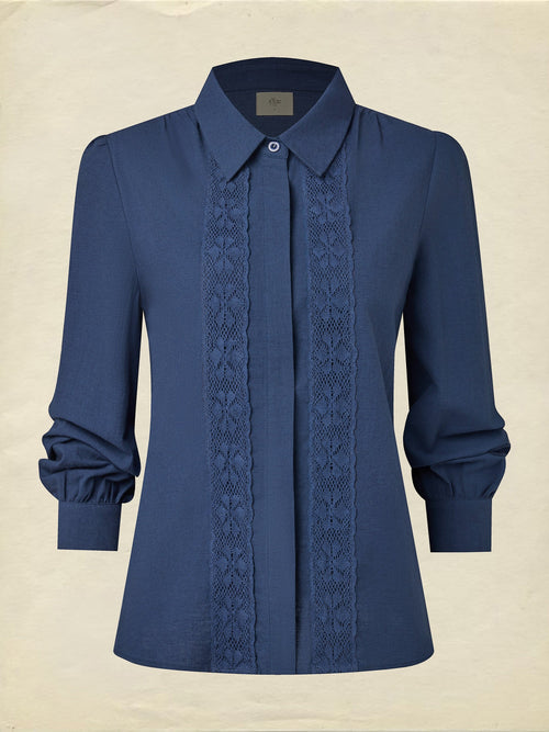 Linen Shirt, Long Sleeves, Shawl Collar, Plain, Lace, Vintage, Blue