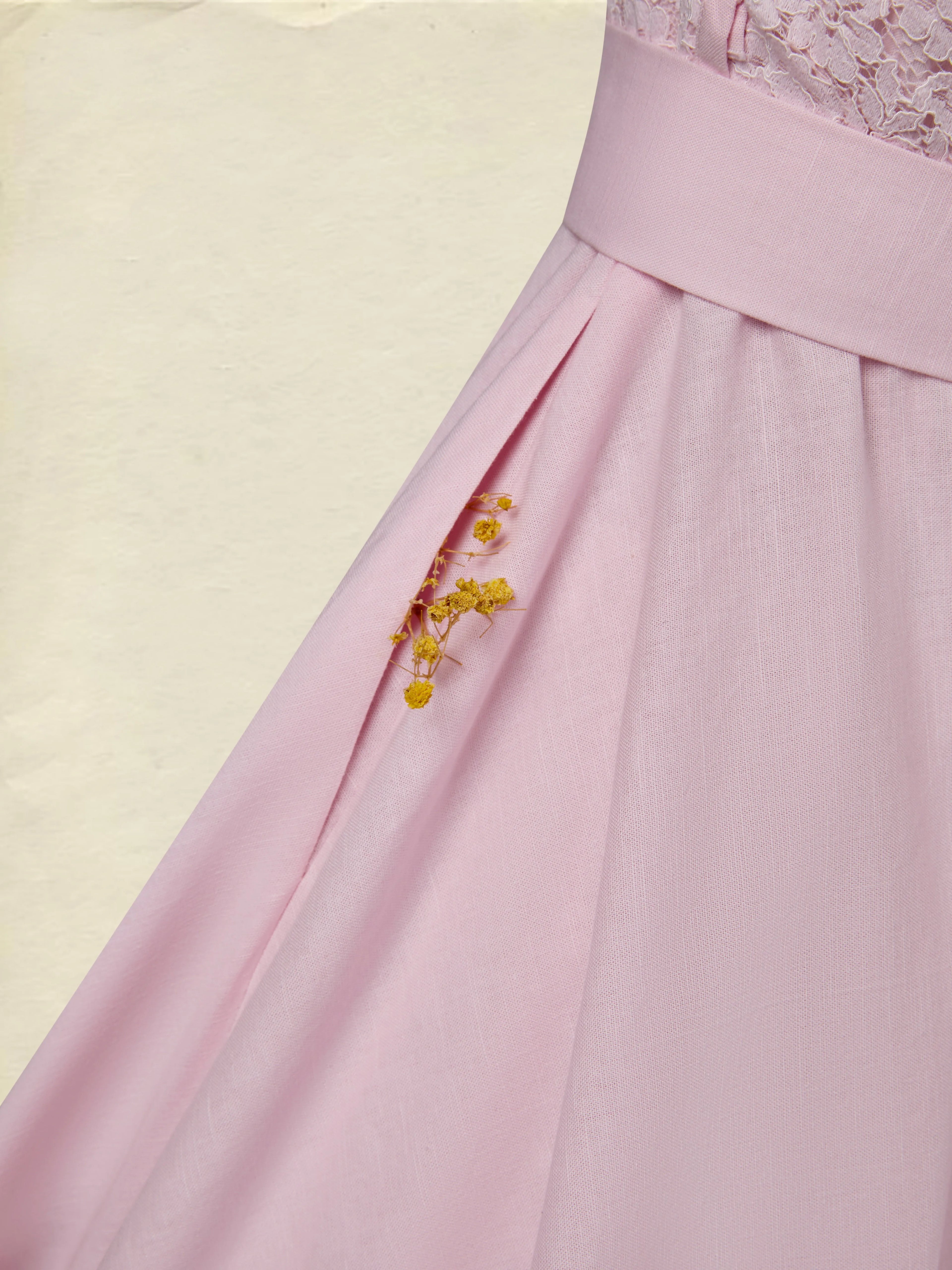 Midi Cotton Dress, Sleeveless, Off The Shoulder, Plain, Lace, French Vintage, Pink