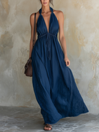 Dark Blue Tencel Denim Halter Neck Backless Maxi Dress