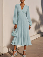 Light Blue Pleated Ruched Balloon Sleeve A-Line Midi Chiffon Dress