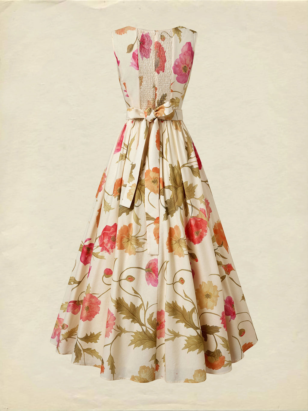 Maxi Cotton Dress, Sleeveless, V Neck, Floral, Belt Design, Vacation, Vintage, Apricot