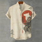Japanese Wolf Samurai & Pine Trees Sunrise Linen Shirt