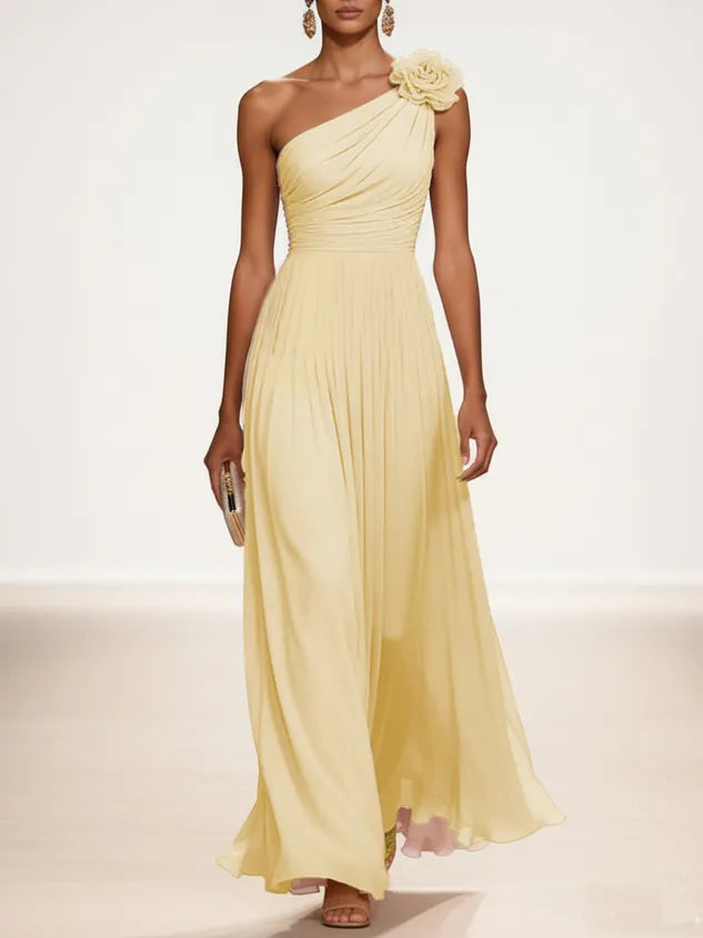 Yellow 3D Floral Gathered Chiffon One Shoulder Sleeveless A-Line Maxi Dress