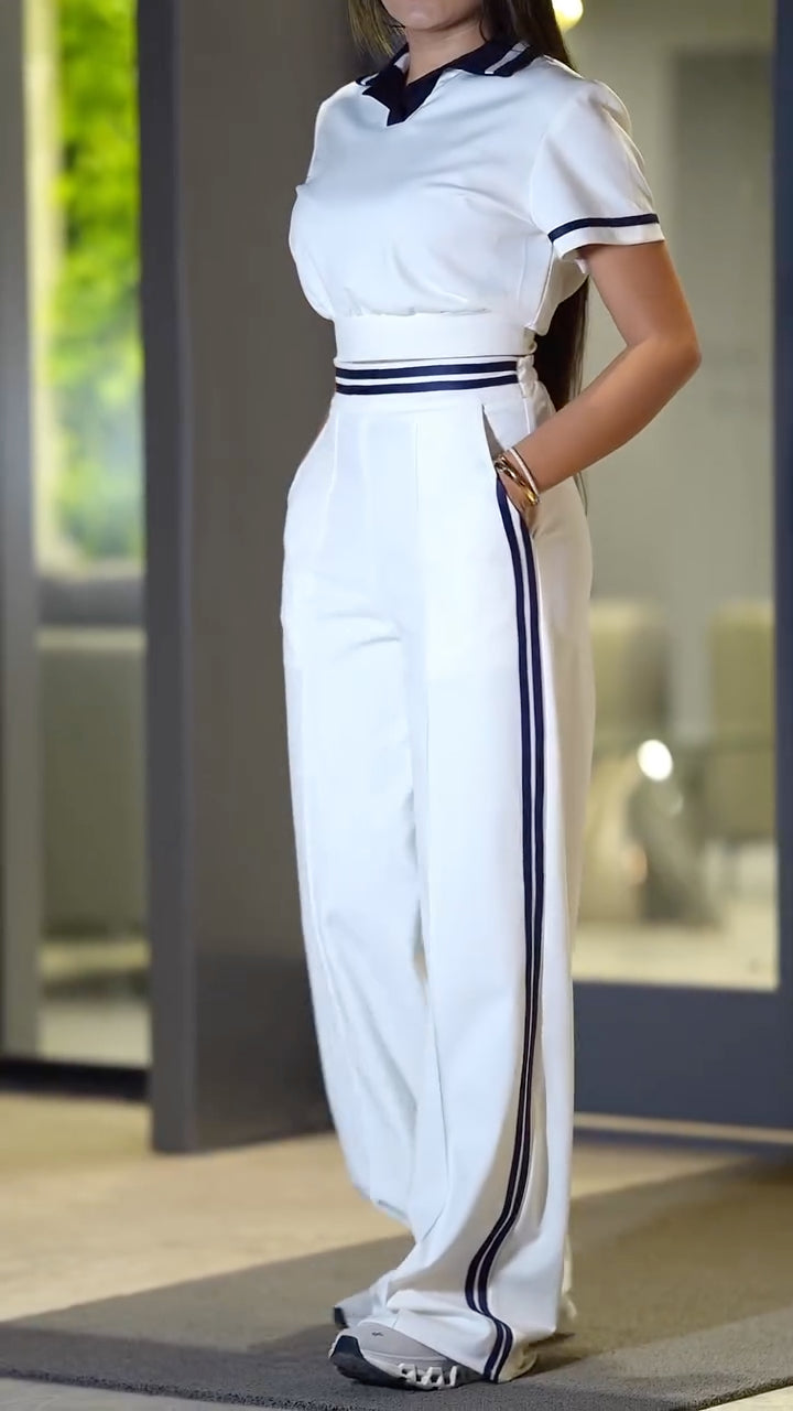 Contrast Collar Ribbed Polo Wide Leg Pant Set