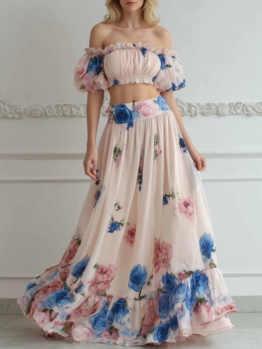 Off-Shoulder Floral Ruffle Two-Piece Maxi Set