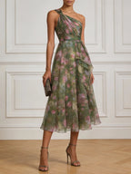 Green Floral Ruched Chiffon One Shoulder Sleeveless A-Line Midi Dress
