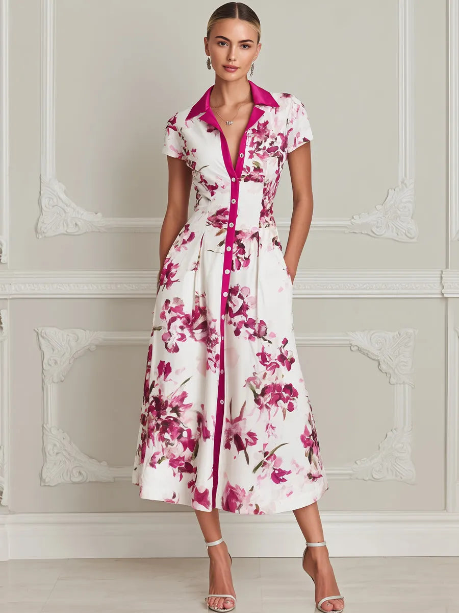 Elegant Floral Shirt Collar Midi Dress