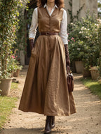 Maxi Linen Dress Set & Shirt, Long Sleeves, Shawl Collar, Plain, Button Design, French Vintage, Light Brown