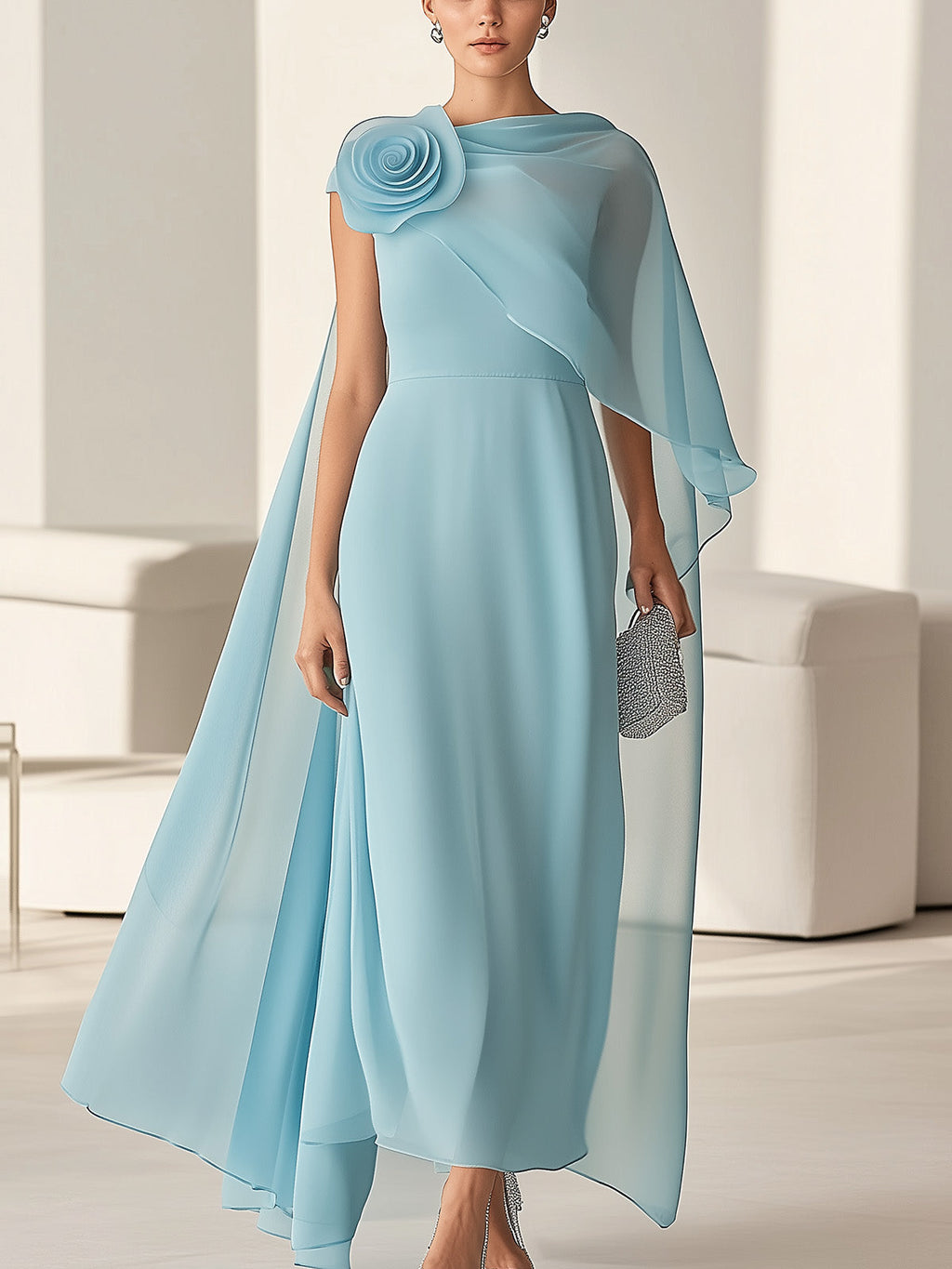 Chic Light Blue Chiffon Dress with 3D Floral Shoulder Detail