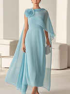 Chic Light Blue Chiffon Dress with 3D Floral Shoulder Detail