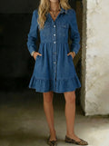 Women's Fashion Design Flowy Denim Dress Lapel Long Puff Sleeve Button Down A Line Swing Ruffle Jean