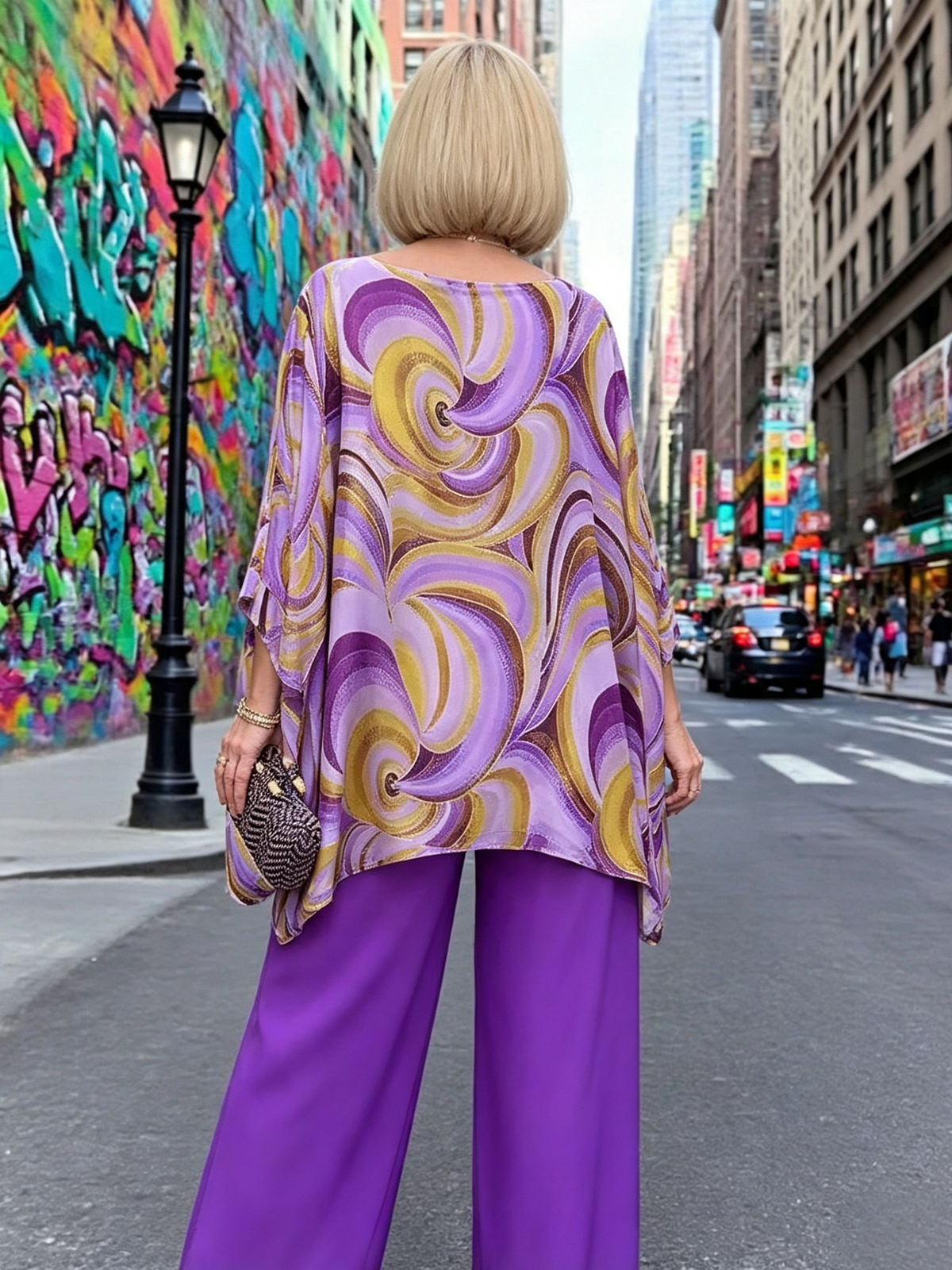 Vibrant Swirl Print Chiffon 2‐Piece Outfit, Loose Boat Neck Tunic Top & Bright Wide‐Leg Pants Set for Women