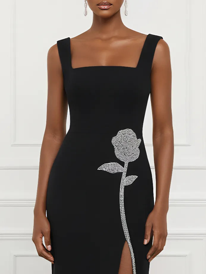 Black Applique Rhinestone Knit Square Neck Sleeveless Sheath Gown Dress