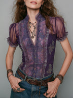 Retro Mesh-Paneled Short-Sleeve Blouse