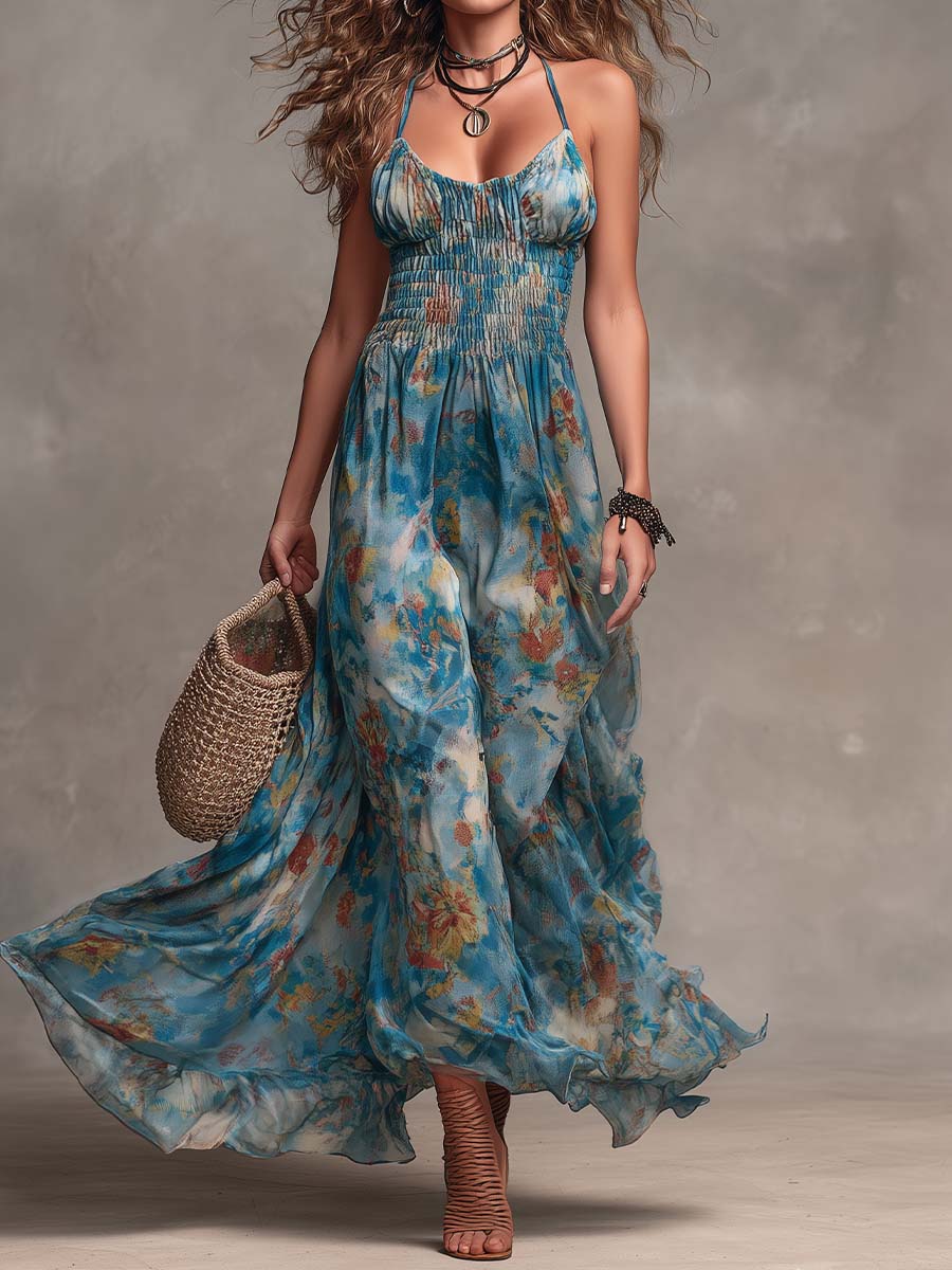 Bohemian Spaghetti Strap Smocked Floral Maxi Dress