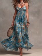 Bohemian Spaghetti Strap Smocked Floral Maxi Dress