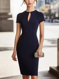 Elegant Navy Blue Short Sleeve Dress With Shoulder Embroidery