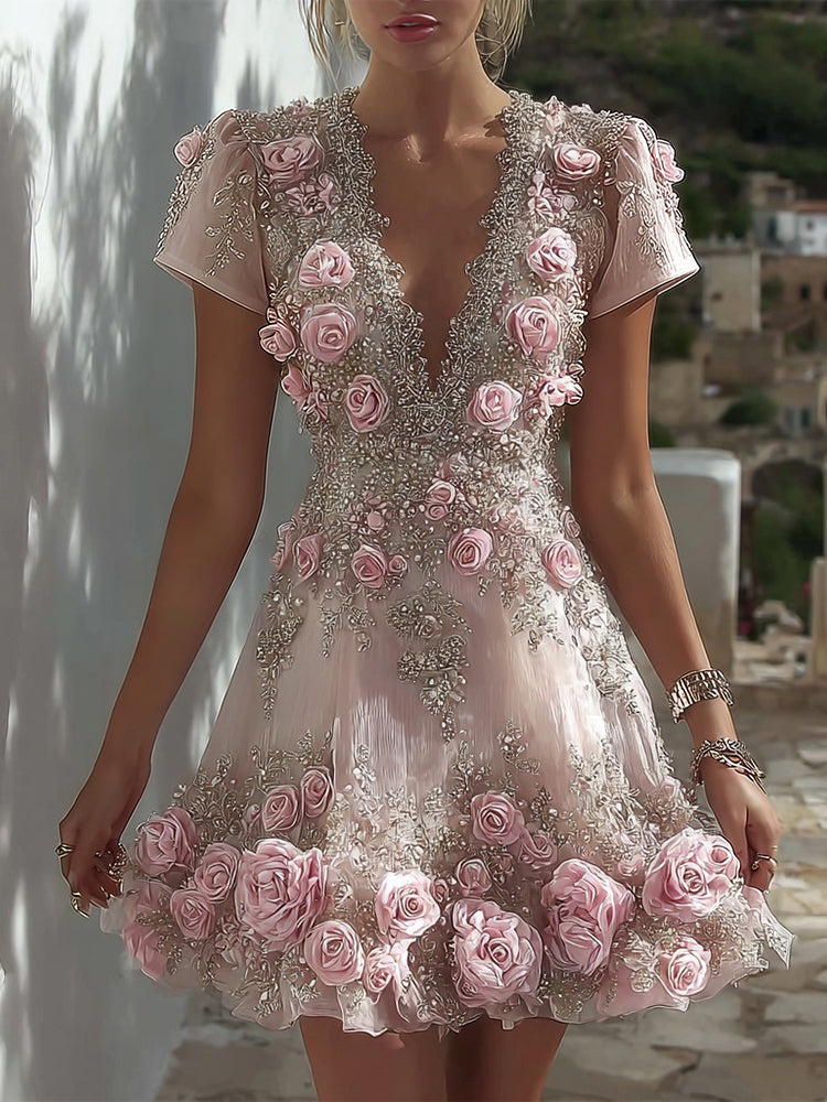 Boho Pink Roses Embroidered V Neck Linen Mini Dress