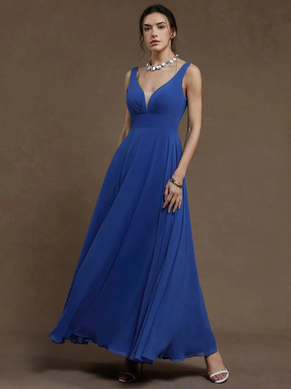 Blue Ruched V Neck Sleeveless A-Line Maxi Chiffon Bridesmaid Dress