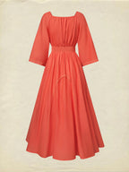 Maxi Cotton Dress, Half Sleeve, V Neck, Plain, Lace, Vacation, Vintage, Light Orange