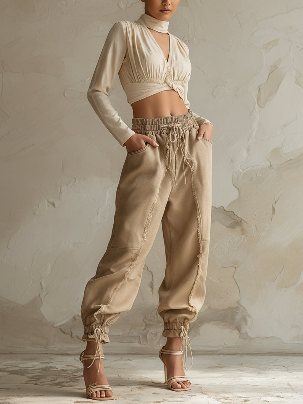 Washed Denim Frayed Jogger Pants