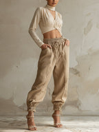 Washed Denim Frayed Jogger Pants
