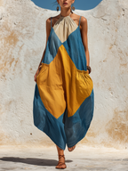 Loose-Fit Color-Block Denim Halter Jumpsuit with Pockets