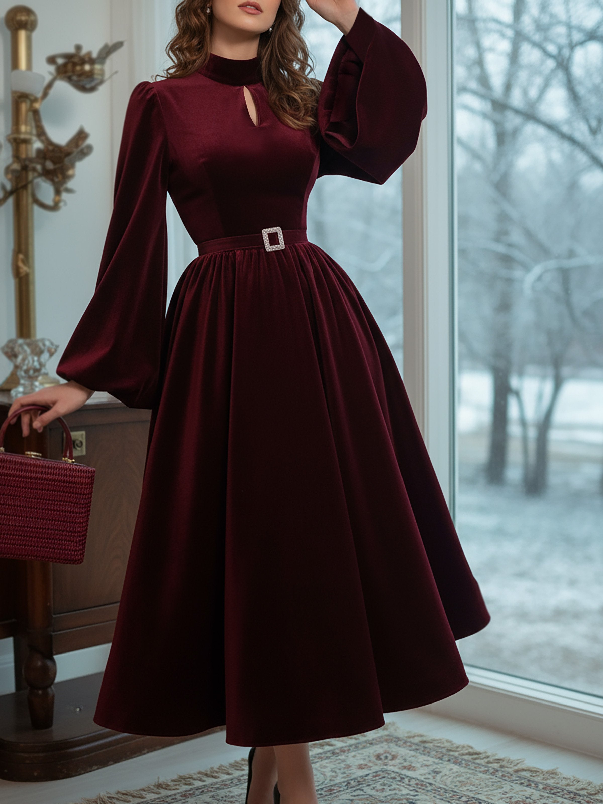 Midi Cotton Dress, Long Sleeves, Stand Collar, Plain, Vintage, Wine Red