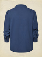 Linen Shirt, Long Sleeves, Shawl Collar, Plain, Lace, Vintage, Blue