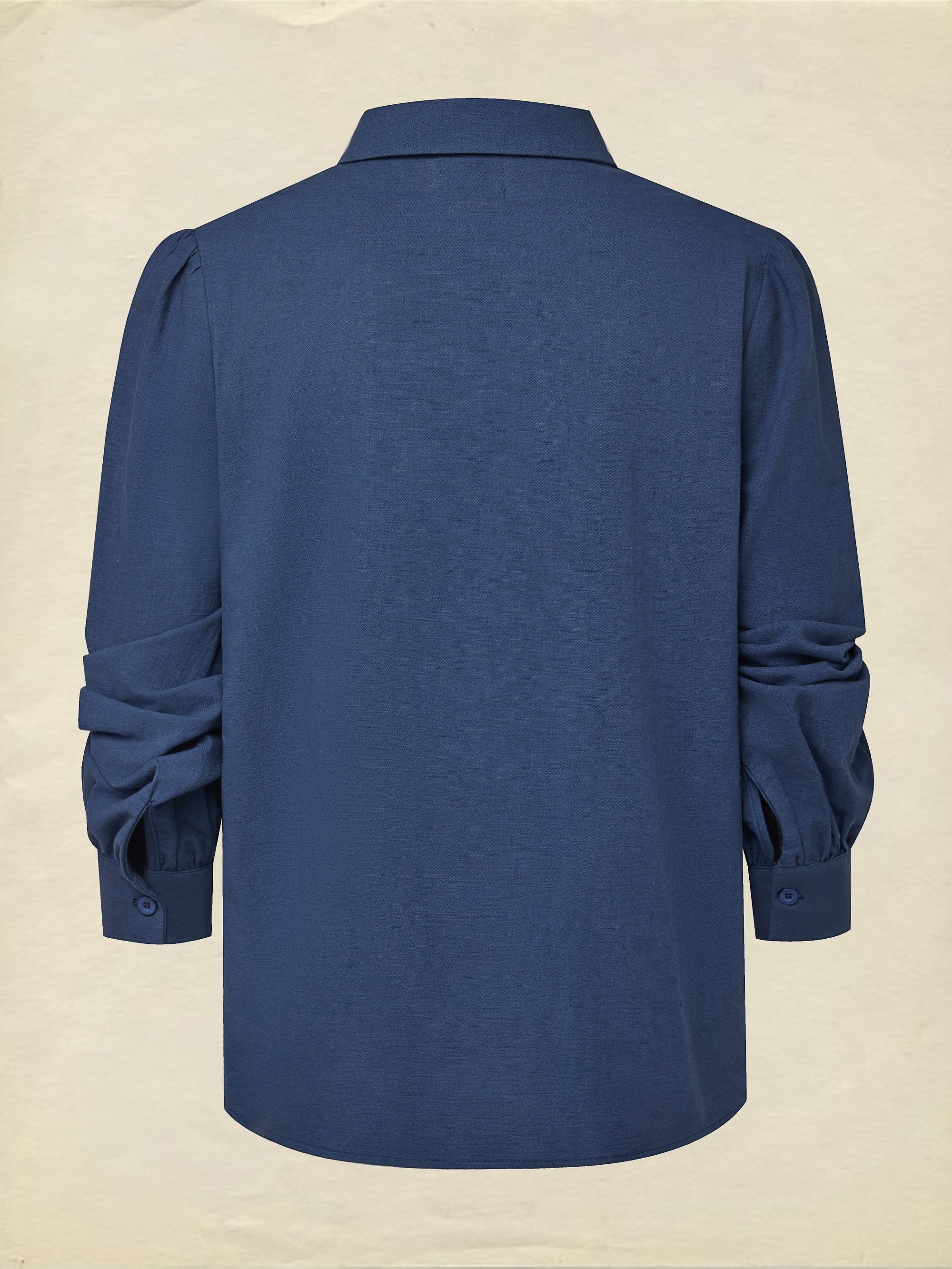 Linen Shirt, Long Sleeves, Shawl Collar, Plain, Lace, Vintage, Blue