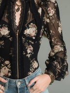 Vintage Printed Chiffon Blouse With Front Zipper And Lace Trim