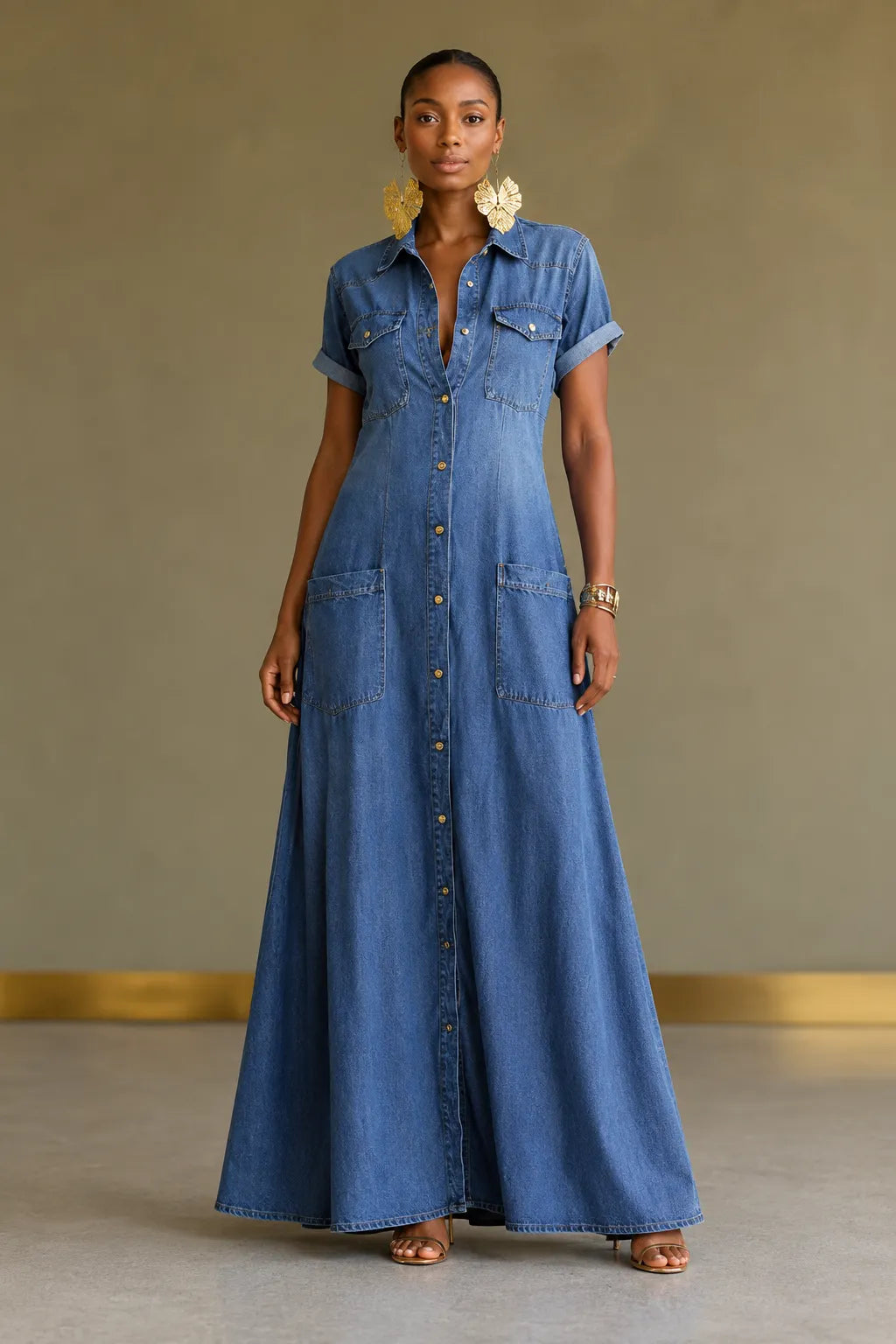 Medium Wash  Roll Cuff Denim Button Down Maxi Shirt Dress