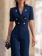 Denim Cropped Blazer & High-Waisted Wide-Leg Pants Two-Piece Suit