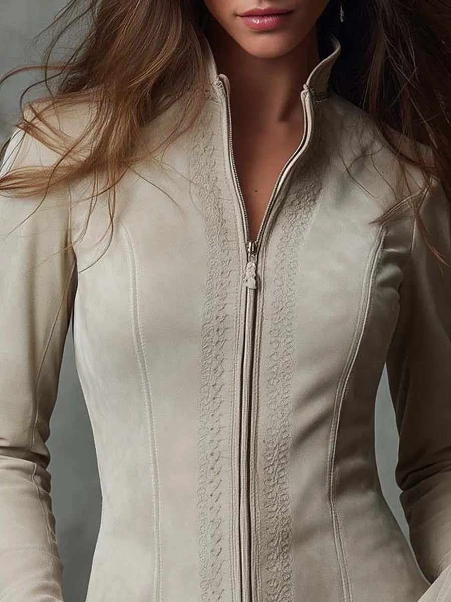 Lace-Trimmed Eco-Suede Fitted Jacket In Ivory Beige