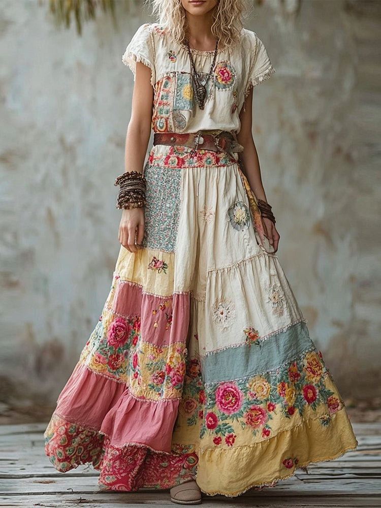 Vintage Boho Floral Patchwork Cozy Linen Maxi Dress