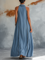 Light Blue Tencel Denim Halter Neck Striped Maxi Dress