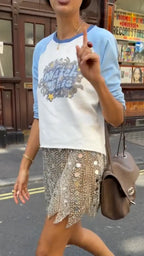 Raglan Graphic Cropped Tee & Sequin Mesh Mini Skirt Outfit