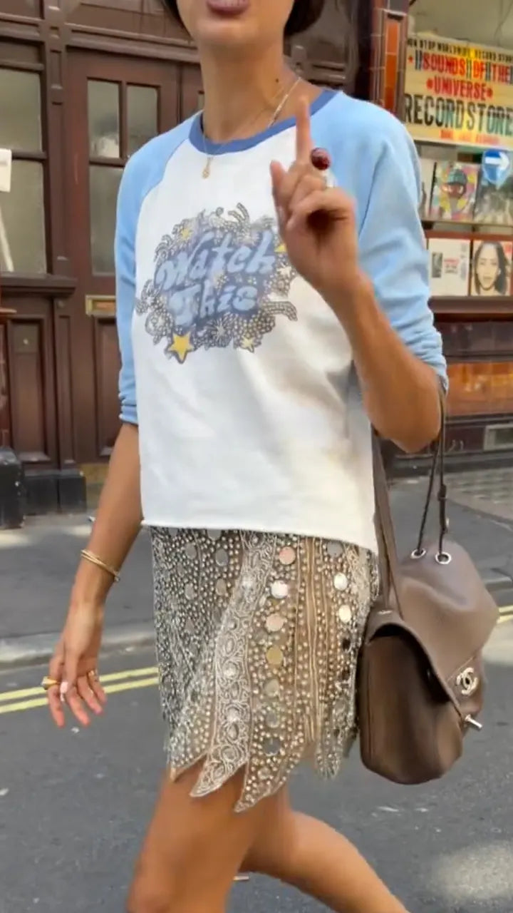 Raglan Graphic Cropped Tee & Sequin Mesh Mini Skirt Outfit