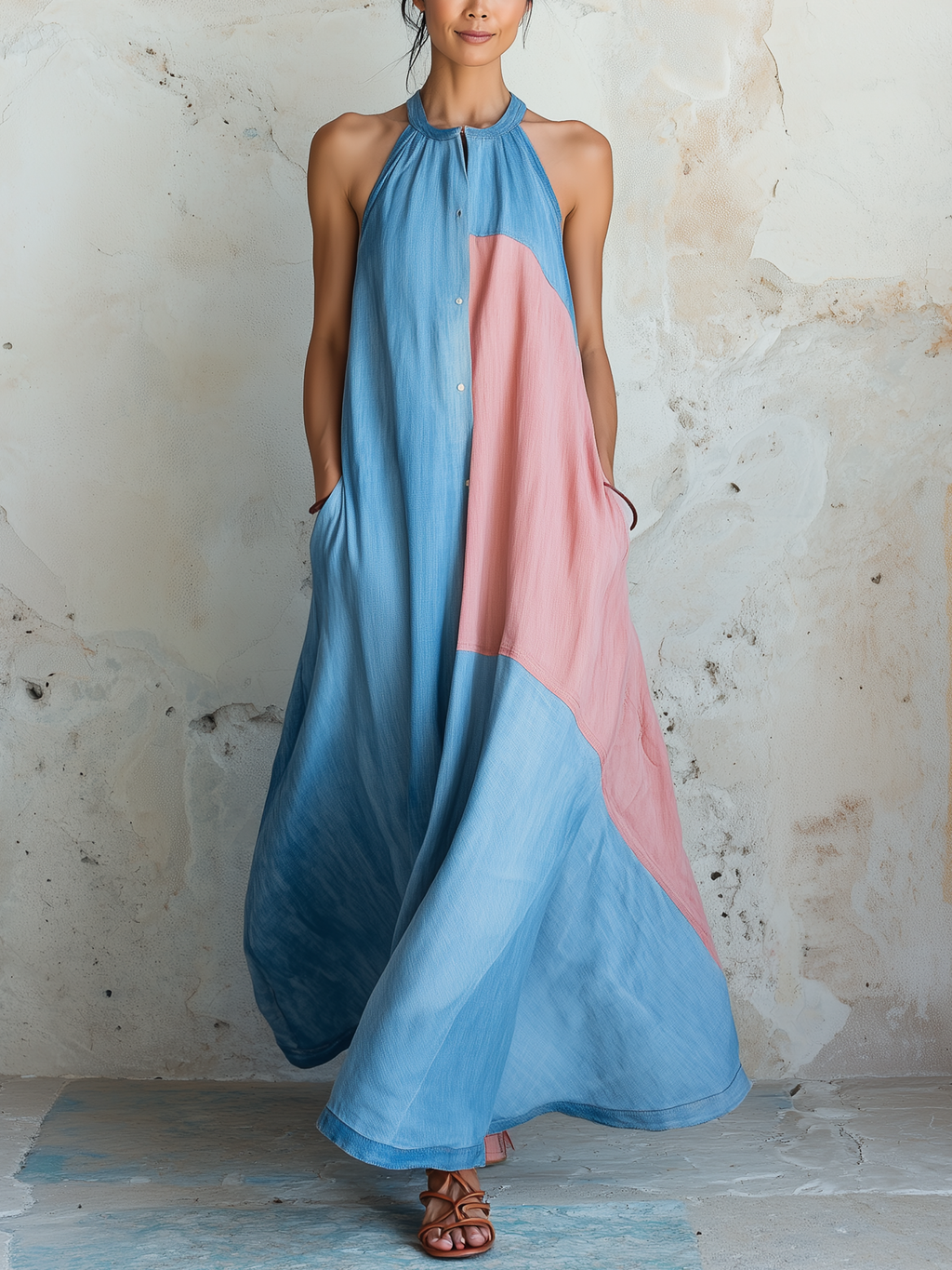 Light Blue & Pink Colorblock Tencel Denim Halter Maxi Dress