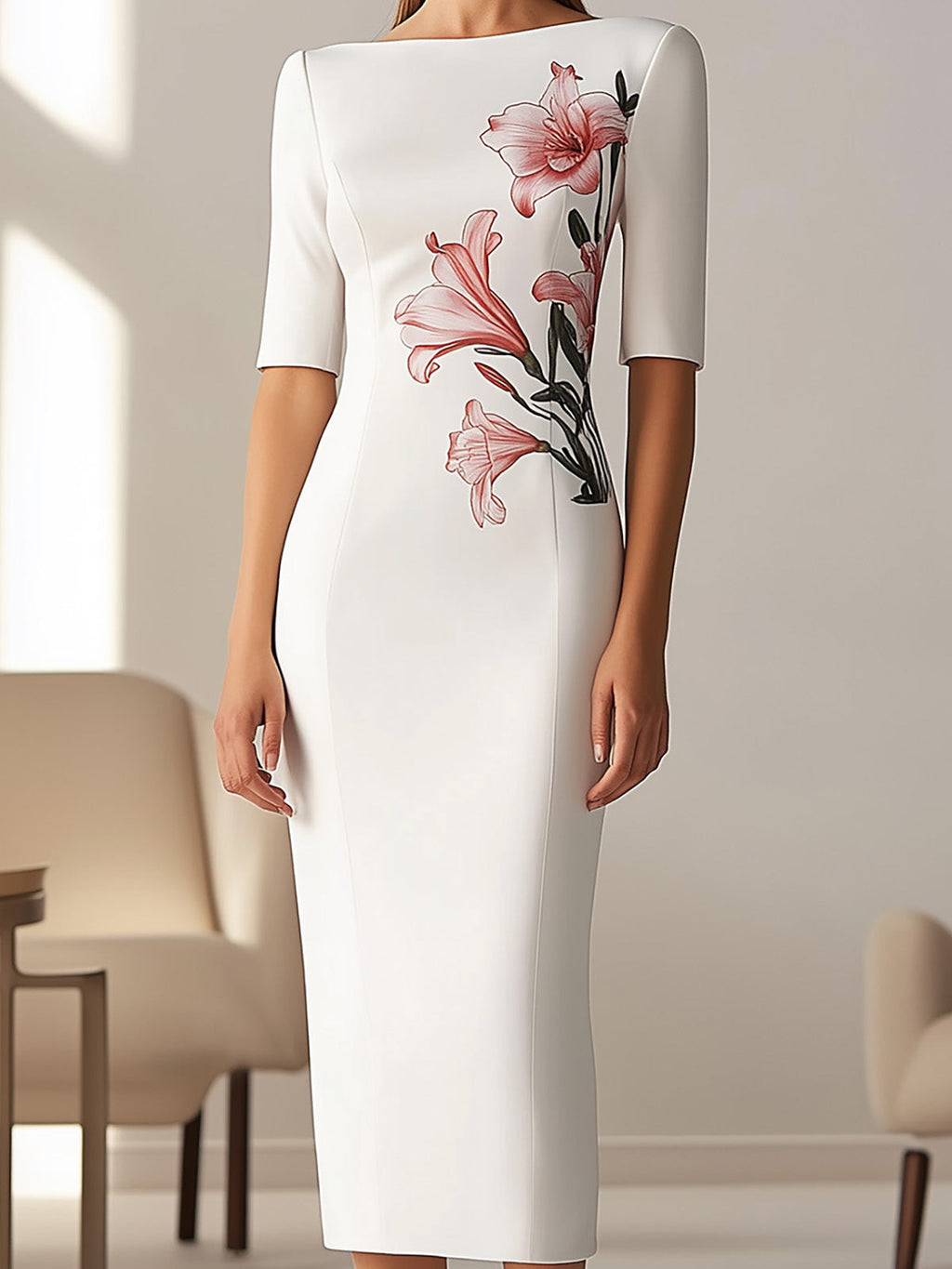 Chic White Midi Dress with Side Floral Embellishment
