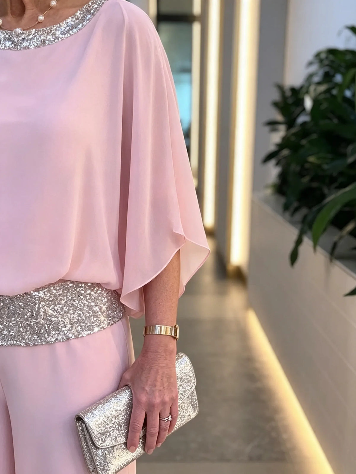 2Pcs Shine Bright Pink Gorgeous Outfit with Sequins Wedding Tunic Party Suit  Chiffon Opaque Soft Fabric Two Piece Set