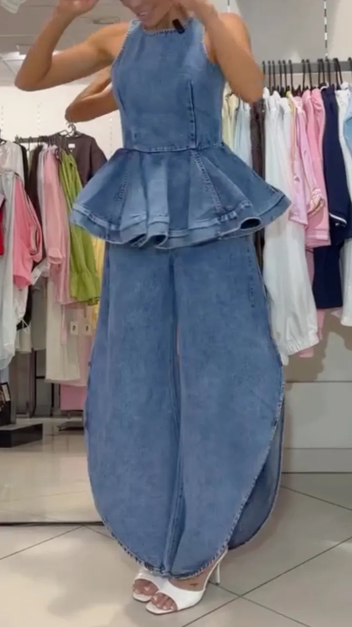 Women's Denim Two-Piece Set: Sleeveless Peplum Top & Slit Trousers