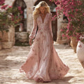 Boho Pink Roses Embroidered V Neck Flowy Maxi Dress